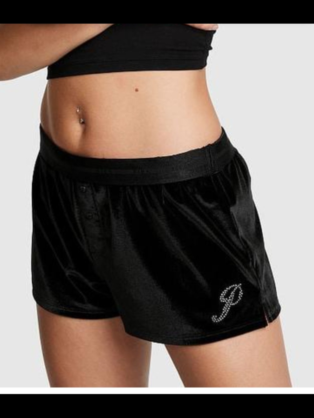 PINK Victoria's Secret Black Velvet Lounge Shorts with Rhinestone 'P'